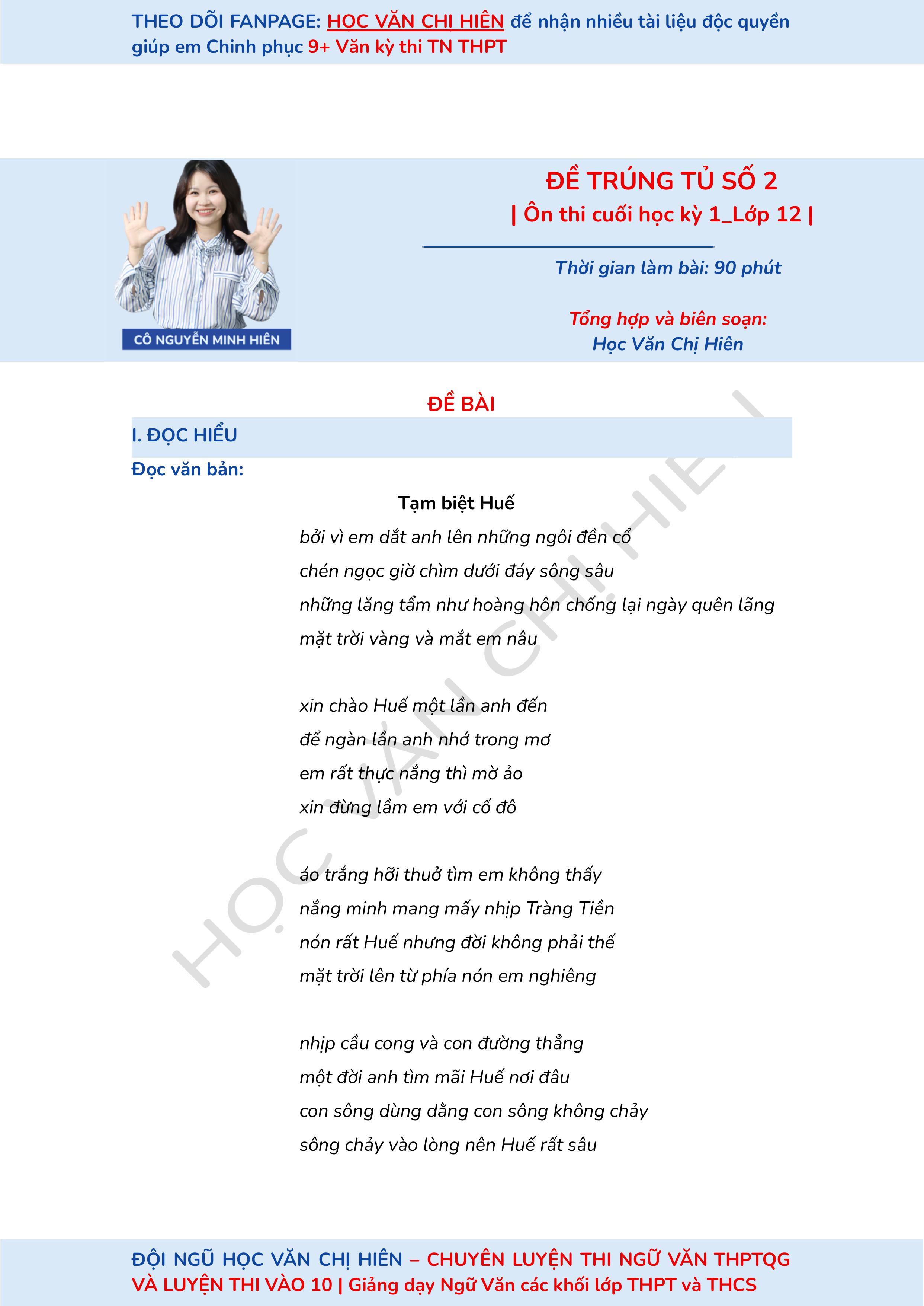 ĐỀ TRÚNG TỦ SỐ 2 + ĐÁP ÁN | ÔN THI CUỐI HỌC KÌ 1 LỚP 12 MÔN NGỮ VĂN